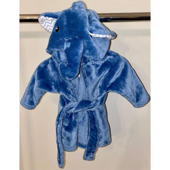 Little Treasures Chevron Elephant Plush Bathrobe in Blue 0-9 Months - Picture 1 of 7